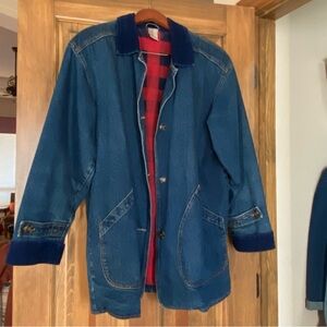 Women's Blue Denim Jacket with Red Plaid Lining